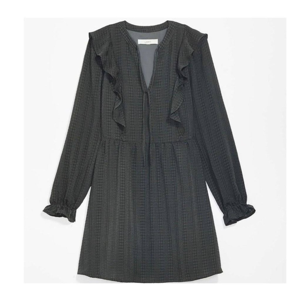 Loft Dark Green Textured Ruffle Bow Tie Neck Keyhole Dress